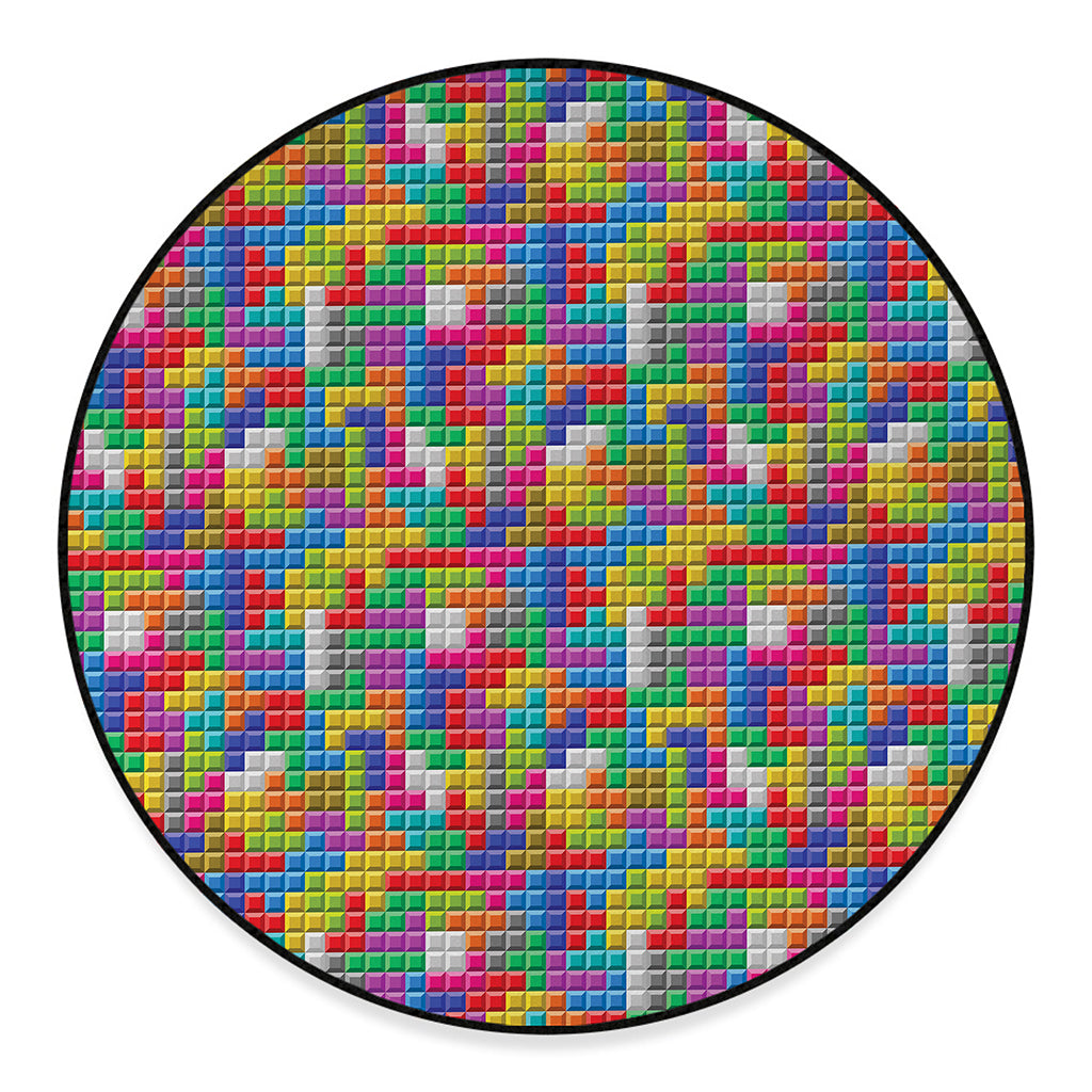 Colorful Brick Puzzle Game Pattern Print Round Floor Mat