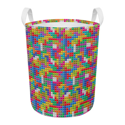Colorful Brick Puzzle Game Pattern Print Round Laundry Basket