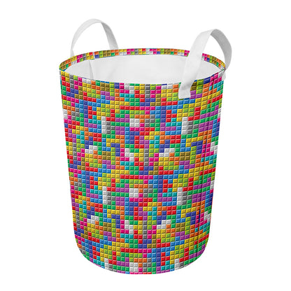 Colorful Brick Puzzle Game Pattern Print Round Laundry Basket
