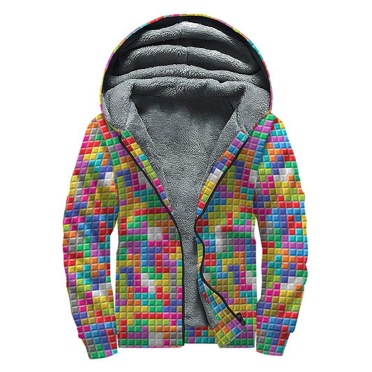 Colorful Brick Puzzle Game Pattern Print Sherpa Lined Zip Up Hoodie