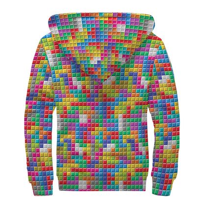 Colorful Brick Puzzle Game Pattern Print Sherpa Lined Zip Up Hoodie
