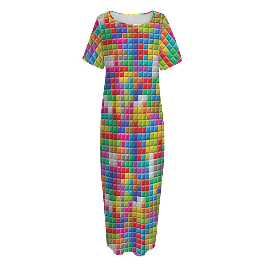 Colorful Brick Puzzle Game Pattern Print Short Sleeve Long Nightdress