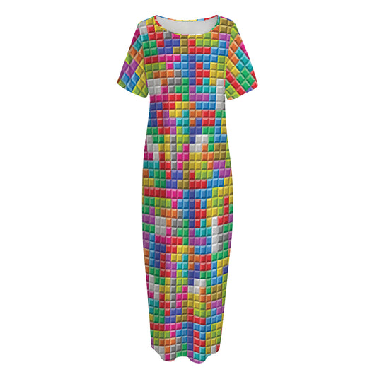 Colorful Brick Puzzle Game Pattern Print Short Sleeve Long Nightdress