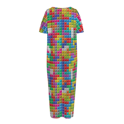 Colorful Brick Puzzle Game Pattern Print Short Sleeve Long Nightdress