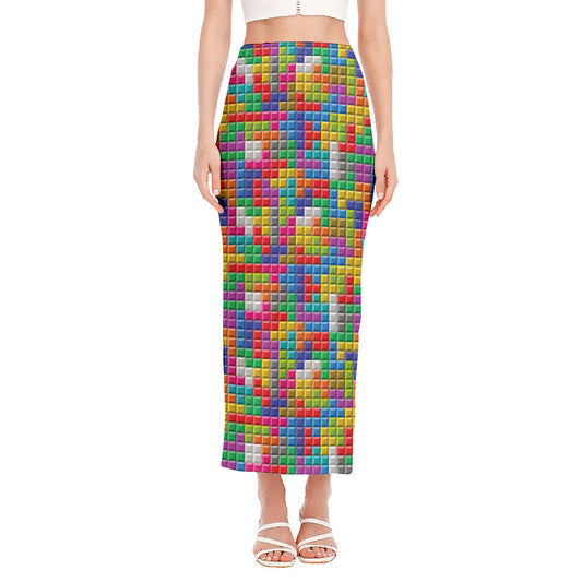 Colorful Brick Puzzle Game Pattern Print Side Slit Maxi Skirt