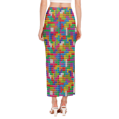 Colorful Brick Puzzle Game Pattern Print Side Slit Maxi Skirt