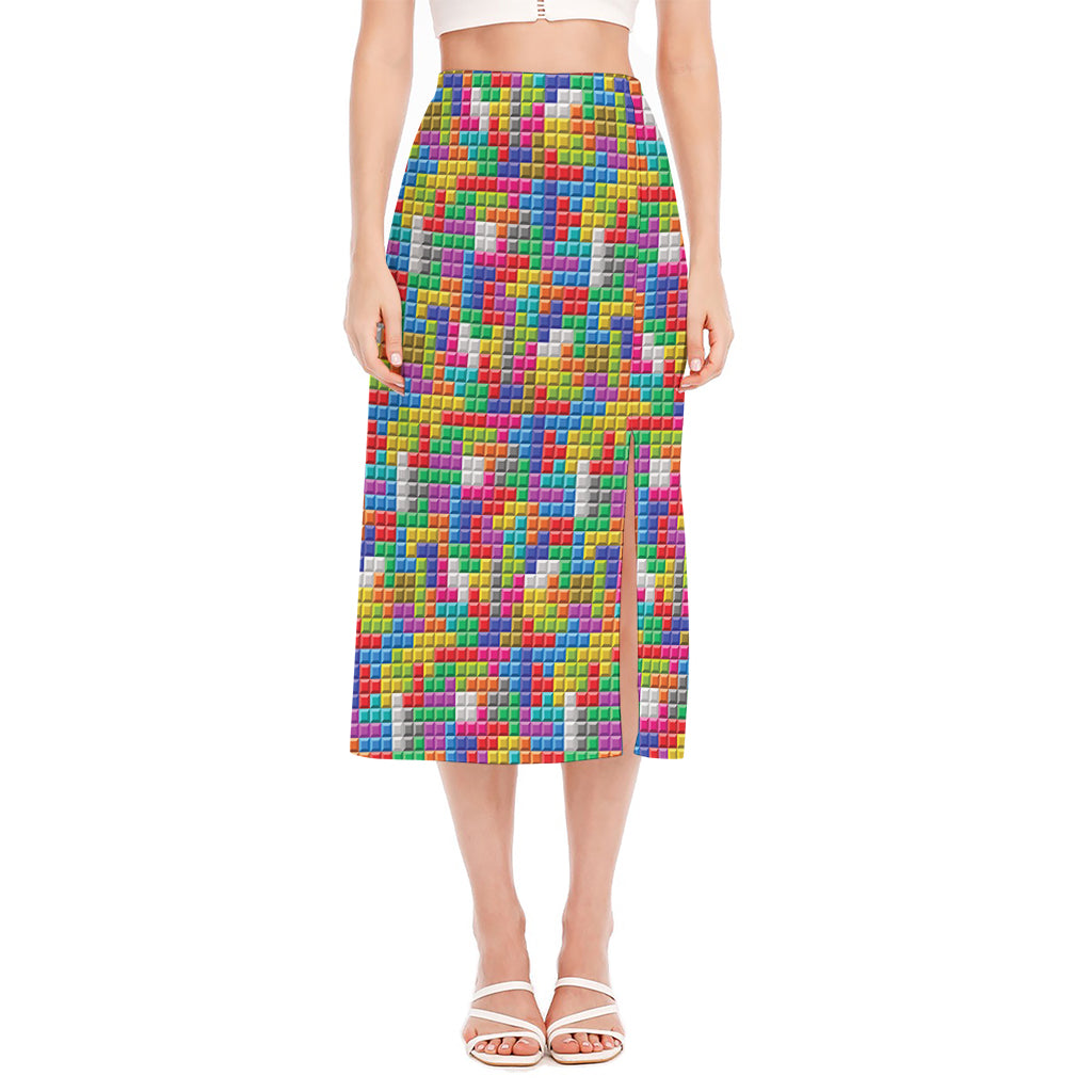 Colorful Brick Puzzle Game Pattern Print Side Slit Midi Skirt