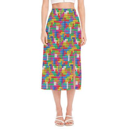 Colorful Brick Puzzle Game Pattern Print Side Slit Midi Skirt