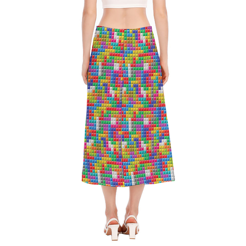 Colorful Brick Puzzle Game Pattern Print Side Slit Midi Skirt