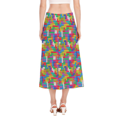 Colorful Brick Puzzle Game Pattern Print Side Slit Midi Skirt