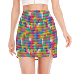 Colorful Brick Puzzle Game Pattern Print Side Slit Mini Skirt