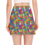 Colorful Brick Puzzle Game Pattern Print Side Slit Mini Skirt