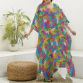 Colorful Brick Puzzle Game Pattern Print Silk V-Neck Kaftan Dress