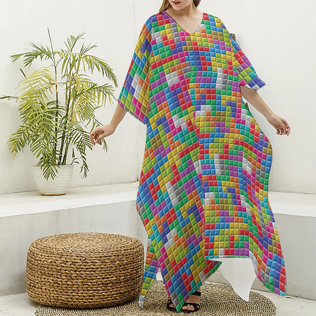 Colorful Brick Puzzle Game Pattern Print Silk V-Neck Kaftan Dress