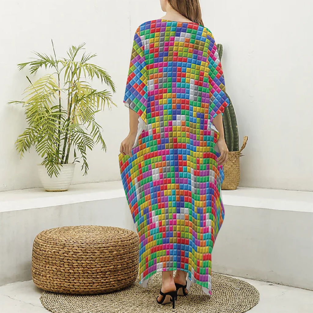 Colorful Brick Puzzle Game Pattern Print Silk V-Neck Kaftan Dress