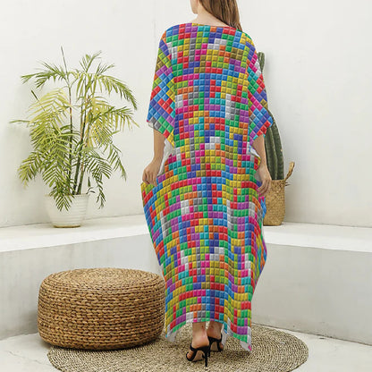 Colorful Brick Puzzle Game Pattern Print Silk V-Neck Kaftan Dress