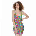 Colorful Brick Puzzle Game Pattern Print Sleeveless Bodycon Dress