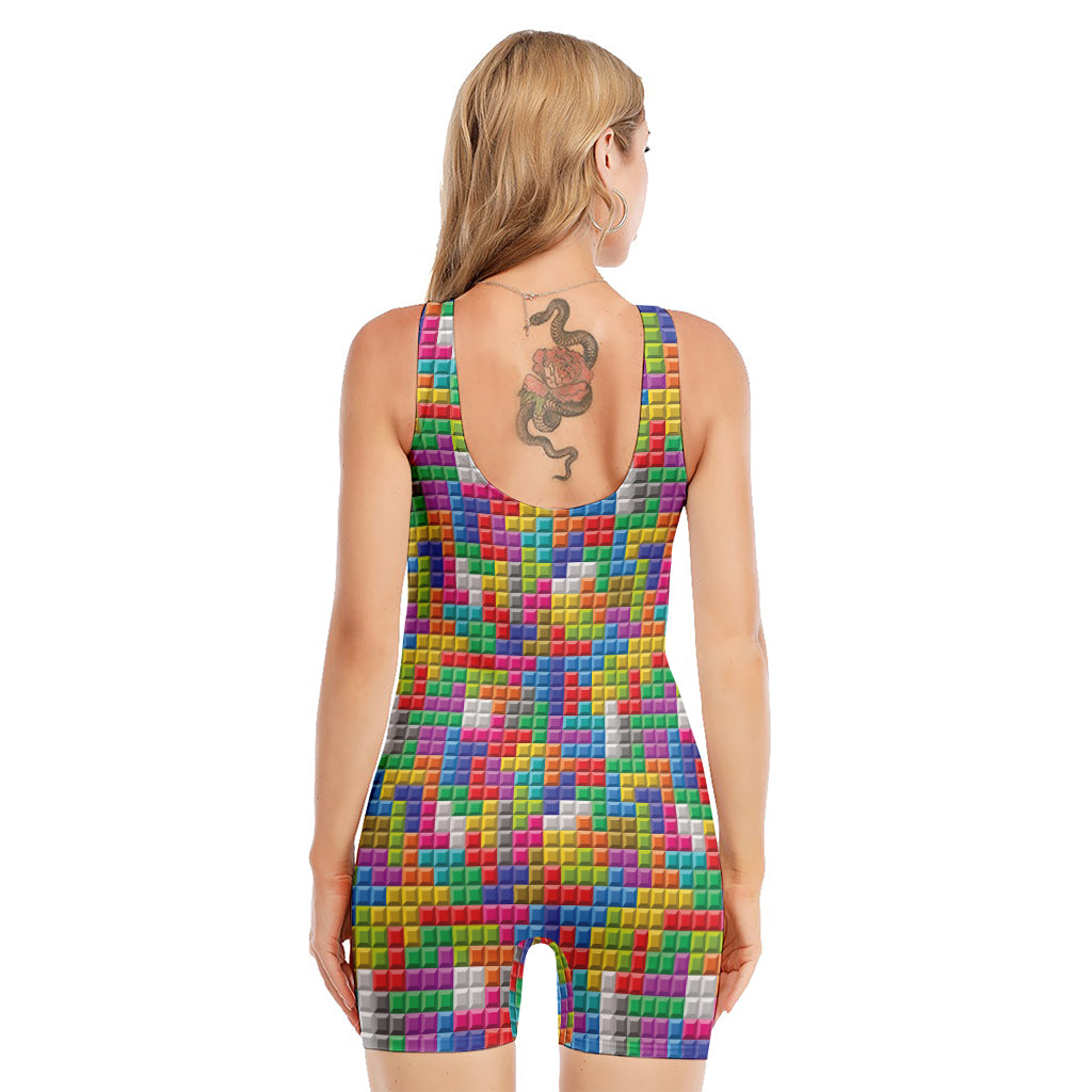 Colorful Brick Puzzle Game Pattern Print Sleeveless One Piece Swimsuit