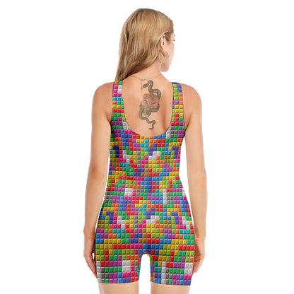 Colorful Brick Puzzle Game Pattern Print Sleeveless One Piece Swimsuit