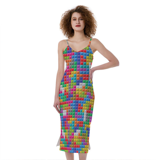 Colorful Brick Puzzle Game Pattern Print Slim Fit Midi Cami Dress