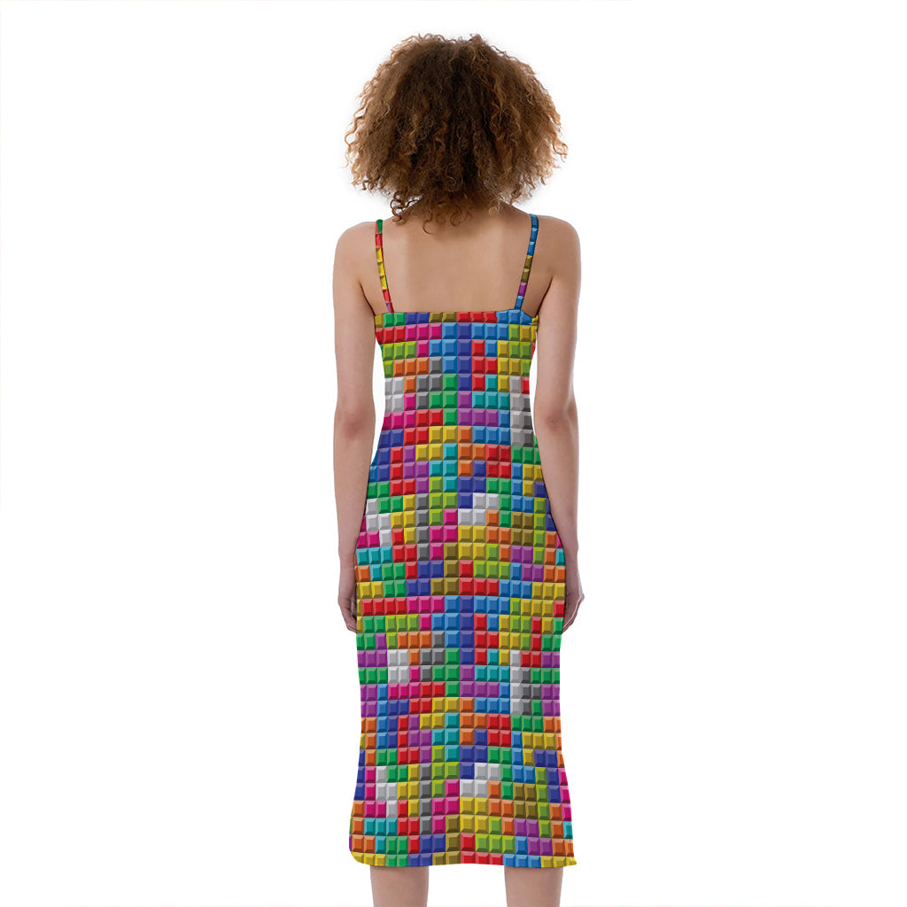 Colorful Brick Puzzle Game Pattern Print Slim Fit Midi Cami Dress