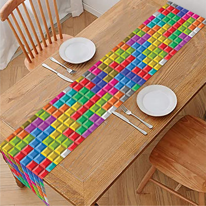 Colorful Brick Puzzle Game Pattern Print Table Runner