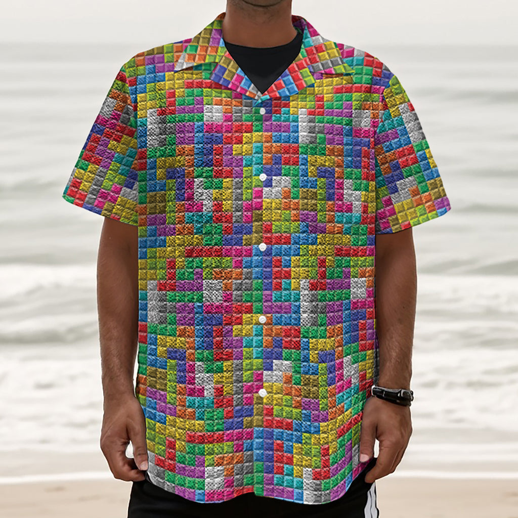 Colorful Brick Puzzle Game Pattern Print Textured Short Sleeve Shirt