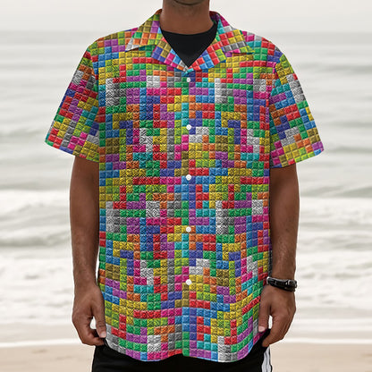 Colorful Brick Puzzle Game Pattern Print Textured Short Sleeve Shirt