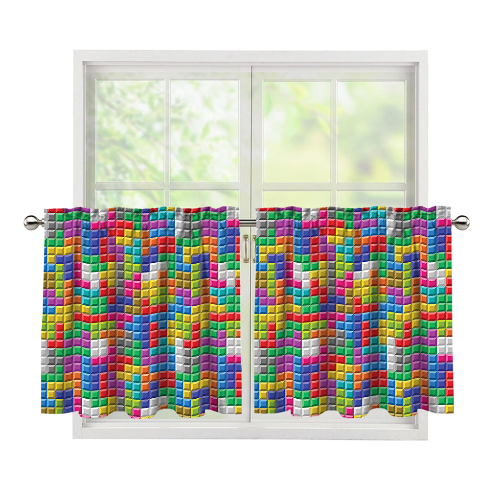 Colorful Brick Puzzle Game Pattern Print Tier Curtains