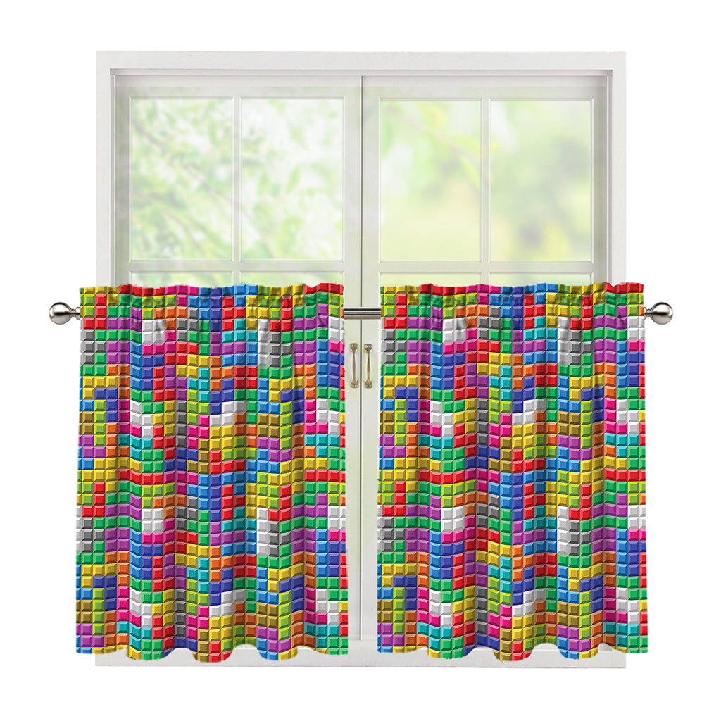 Colorful Brick Puzzle Game Pattern Print Tier Curtains