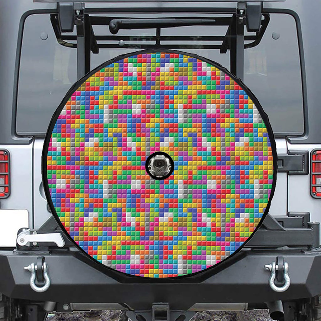 Colorful Brick Puzzle Game Pattern Print Tire Cover With Camera Hole