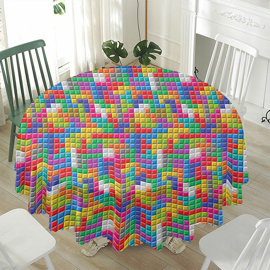 Colorful Brick Puzzle Game Pattern Print Waterproof Round Tablecloth