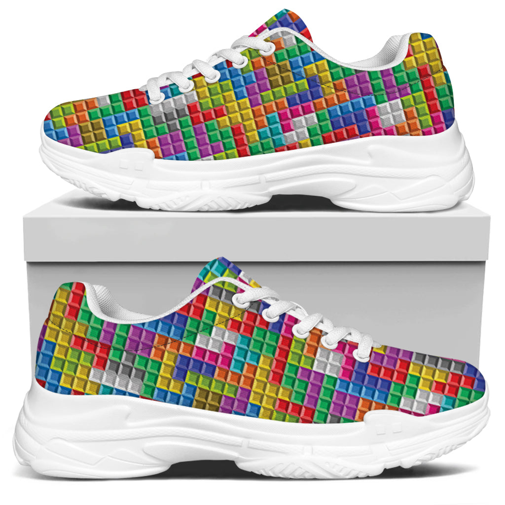 Colorful Brick Puzzle Game Pattern Print White Chunky Shoes