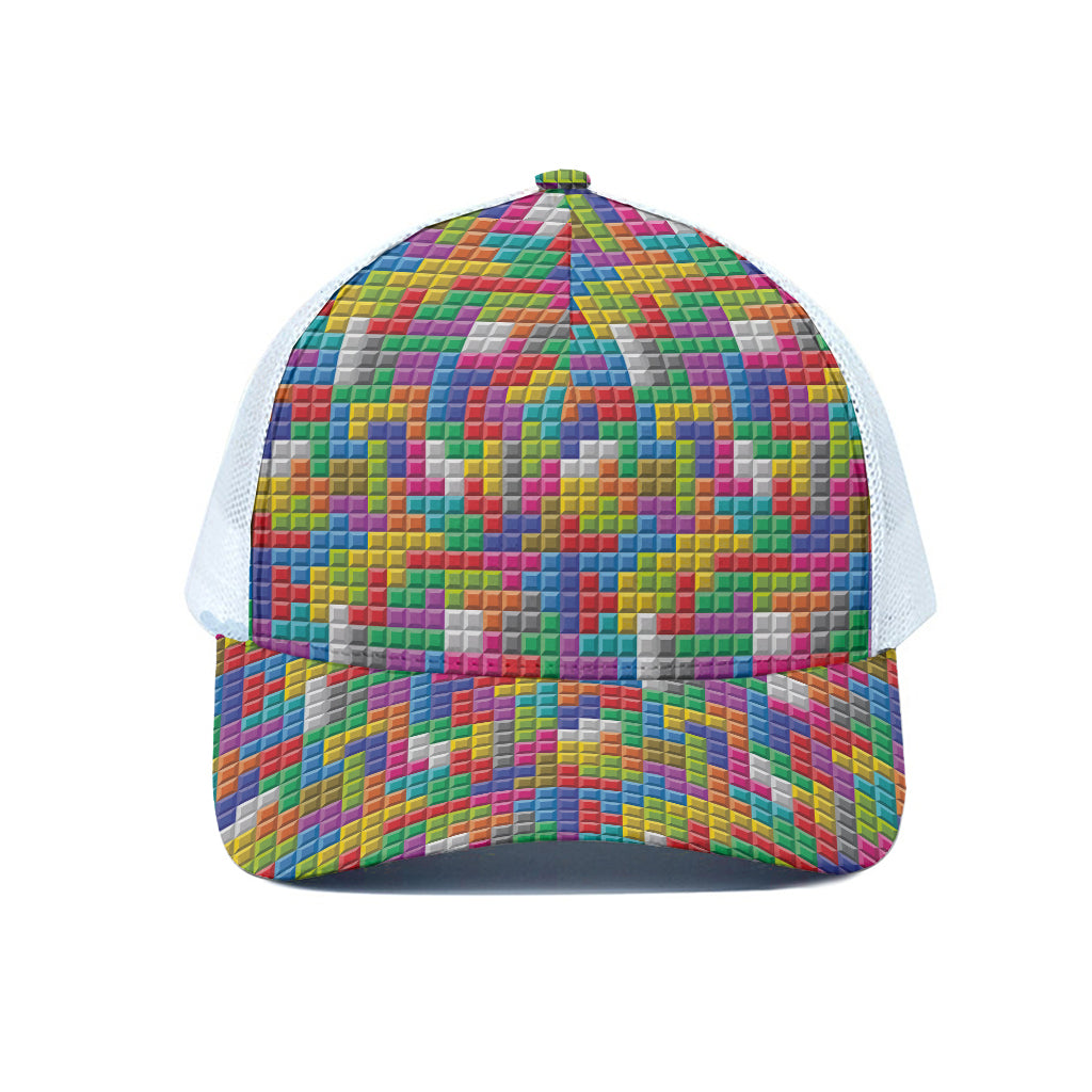Colorful Brick Puzzle Game Pattern Print White Mesh Trucker Cap