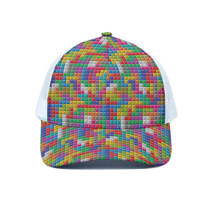 Colorful Brick Puzzle Game Pattern Print White Mesh Trucker Cap