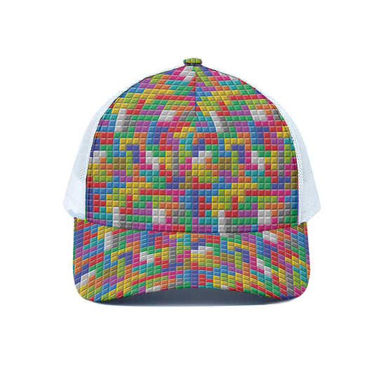 Colorful Brick Puzzle Game Pattern Print White Mesh Trucker Cap