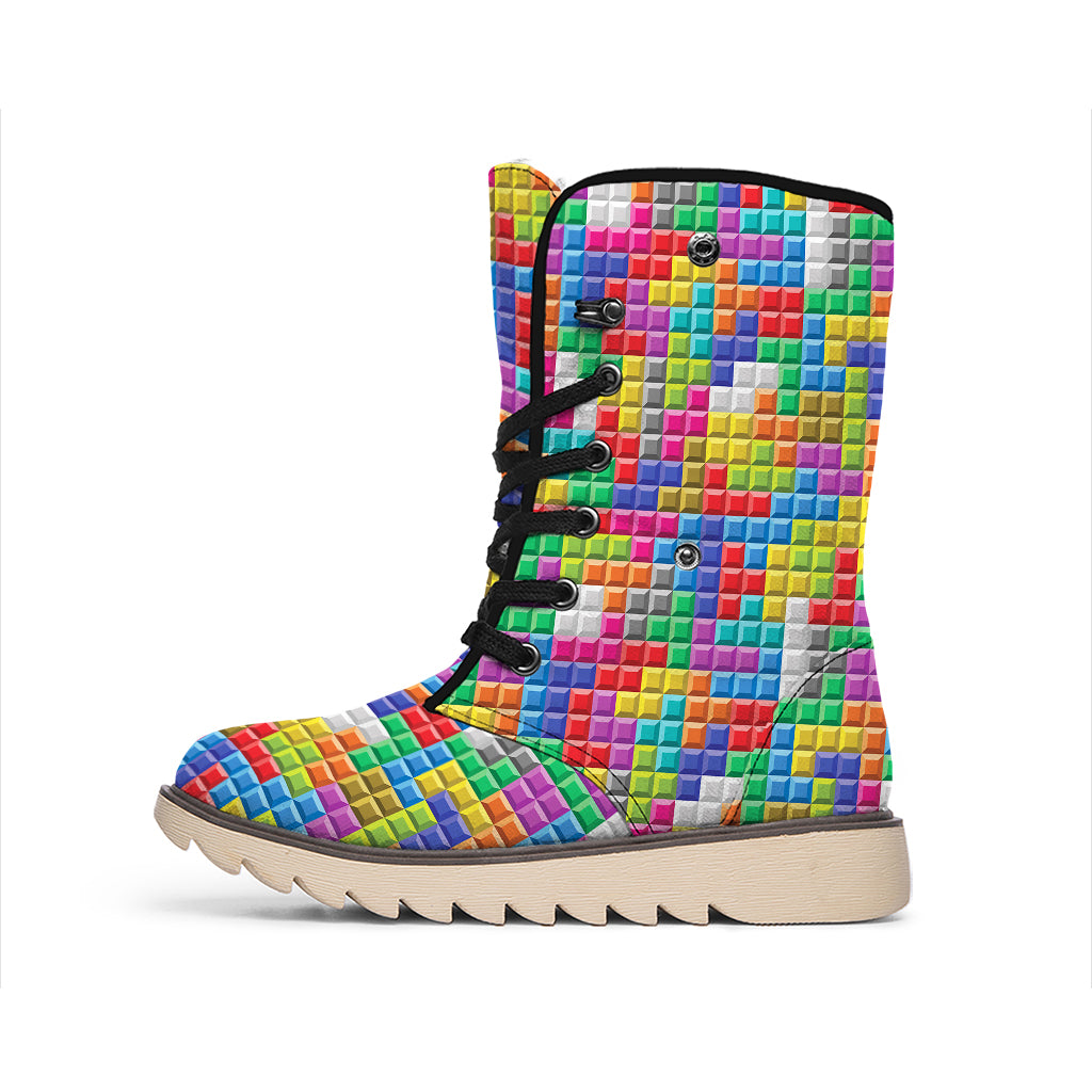 Colorful Brick Puzzle Game Pattern Print Winter Boots