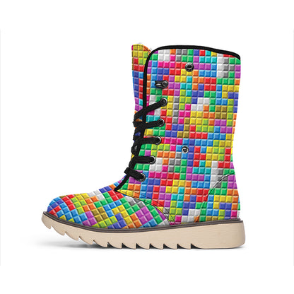 Colorful Brick Puzzle Game Pattern Print Winter Boots
