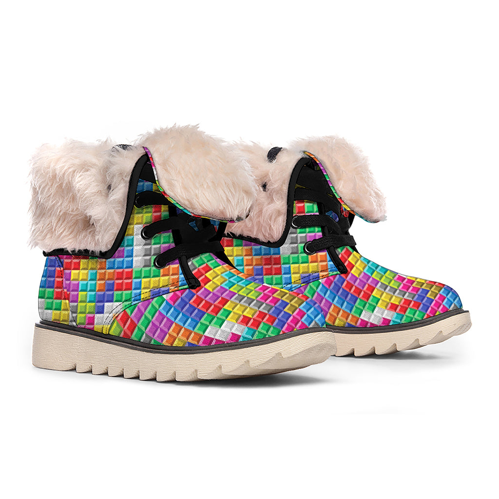 Colorful Brick Puzzle Game Pattern Print Winter Boots