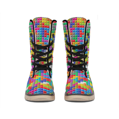 Colorful Brick Puzzle Game Pattern Print Winter Boots