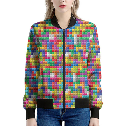Colorful Brick Puzzle Game Pattern Print Women's Bomber Jacket