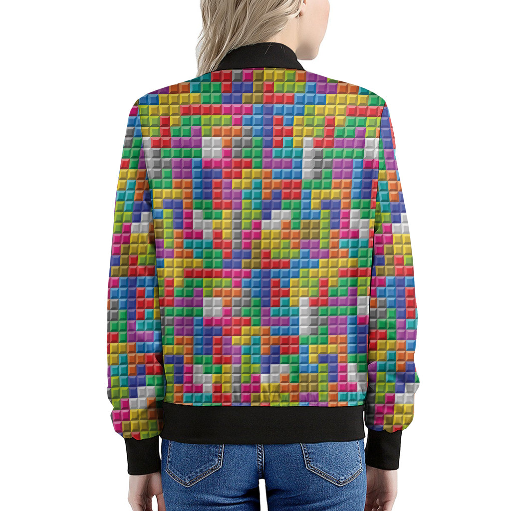 Colorful Brick Puzzle Game Pattern Print Women's Bomber Jacket