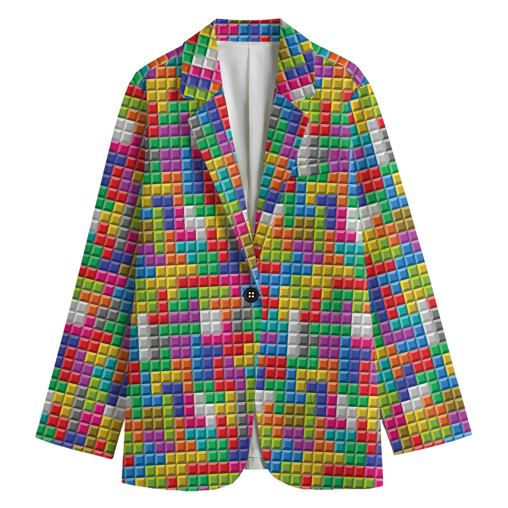 Colorful Brick Puzzle Game Pattern Print Women's Cotton Blazer