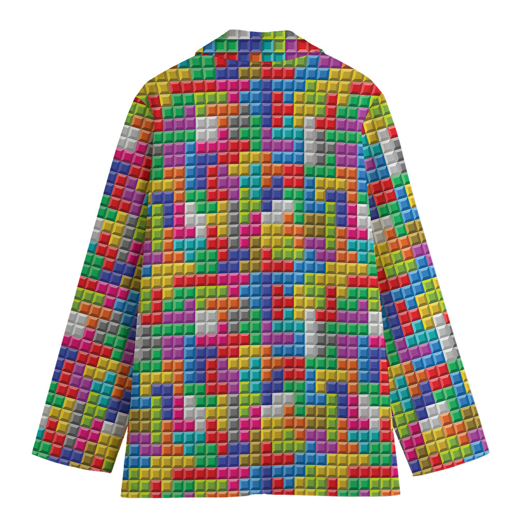 Colorful Brick Puzzle Game Pattern Print Women's Cotton Blazer