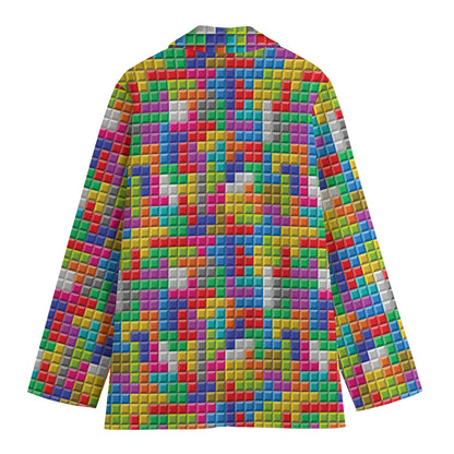 Colorful Brick Puzzle Game Pattern Print Women's Cotton Blazer
