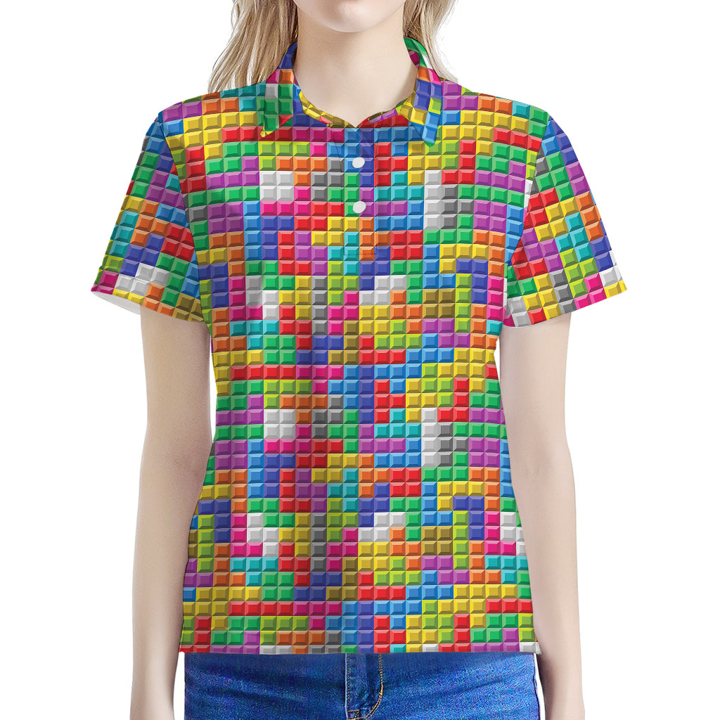 Colorful Brick Puzzle Game Pattern Print Women's Polo Shirt