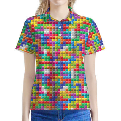 Colorful Brick Puzzle Game Pattern Print Women's Polo Shirt