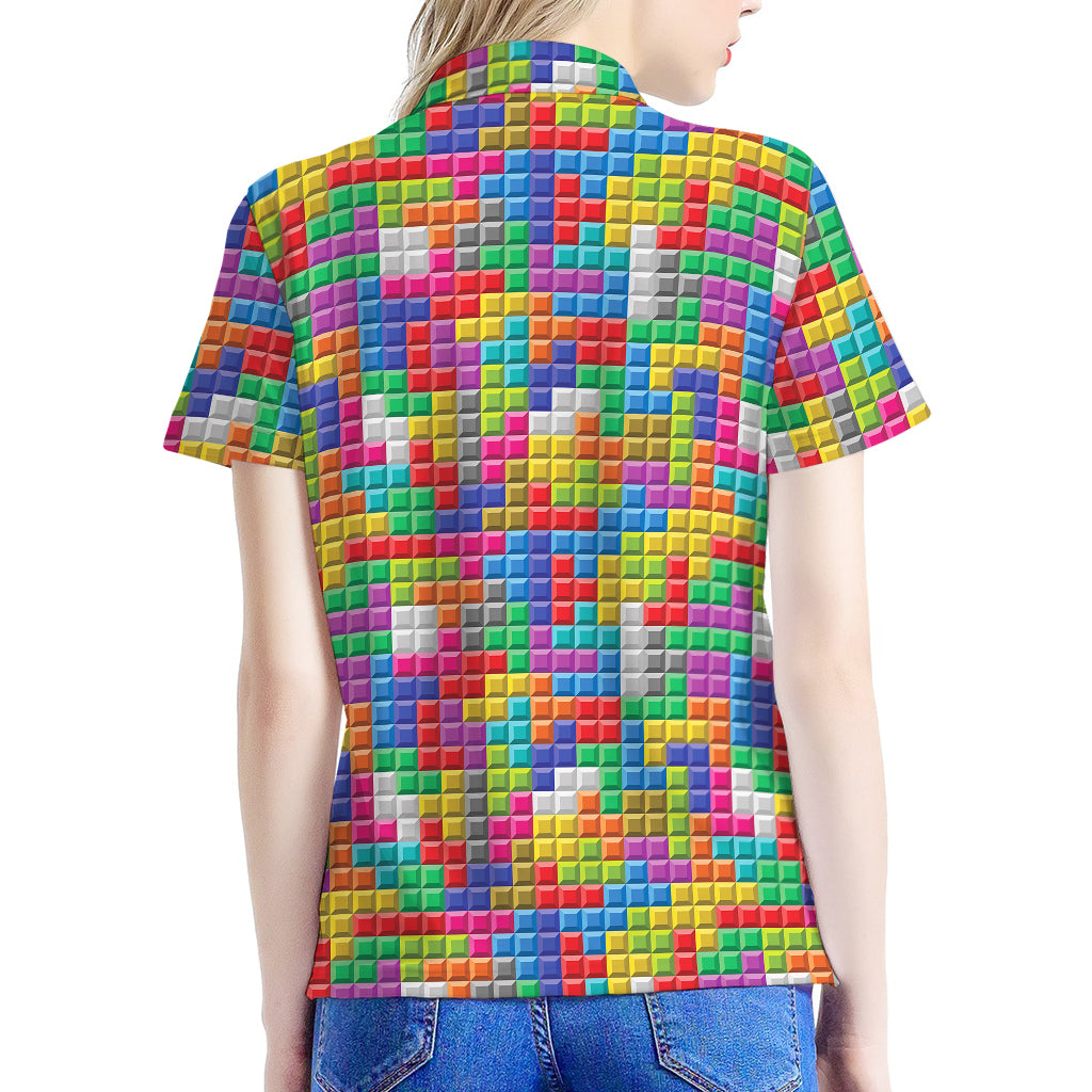 Colorful Brick Puzzle Game Pattern Print Women's Polo Shirt