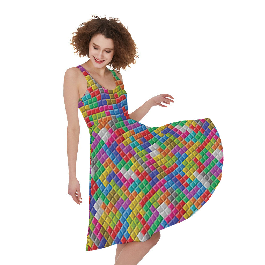 Colorful Brick Puzzle Game Pattern Print Women's Sleeveless Dress
