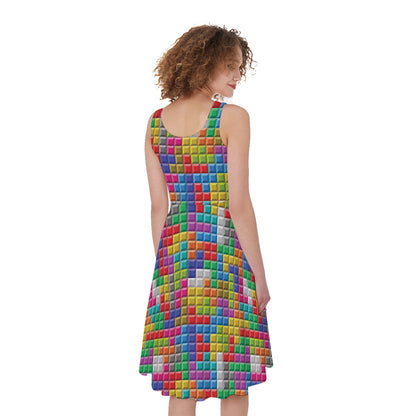 Colorful Brick Puzzle Game Pattern Print Women's Sleeveless Dress
